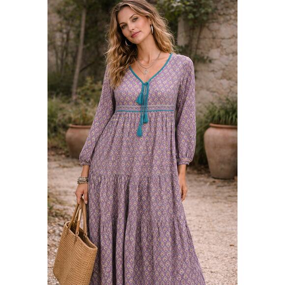 Sur La Vague Dresses & Skirts - Sur La Vague Iris Caftan‎ Dress Women 3 M/L Purple Indian Gauze Tiered Maxi EUC